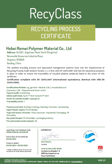 RecyClass-RECYCLING PROCESS CERTIFICATE